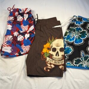 Lanesboro Men Tropical Floral Swim Trunks Size L Blue Black‎ Cargo Pockets
